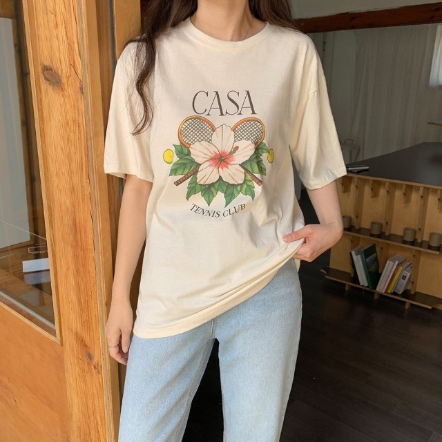 로사 프린팅 반팔 티셔츠 루즈핏 라운드 포인트 봄 여름 가을 여자 면티 레이어드 이너