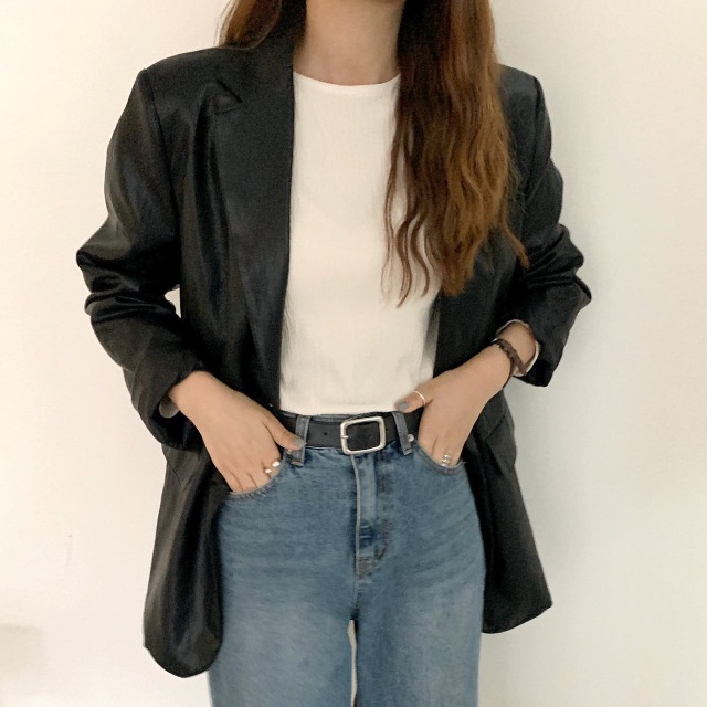 디오 블랙 페이크 레더 자켓 루즈핏 심플 베이직 가을 데일리 여자 아우터 소프트 가죽 재킷